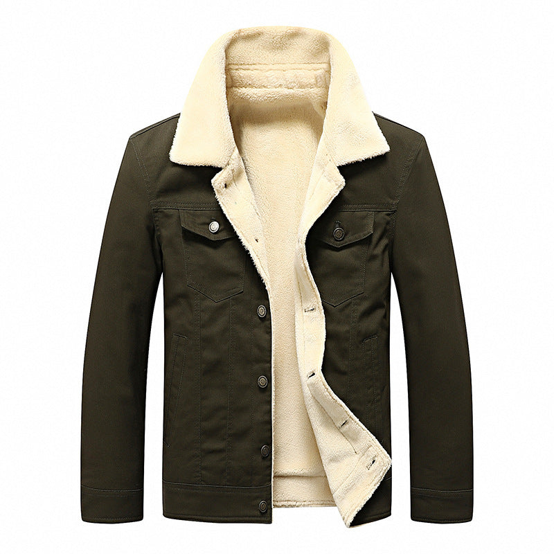 Herr Sherpa-Lined Canvas Trucker Jacka med Faux Fur Krage och Utility Fickor