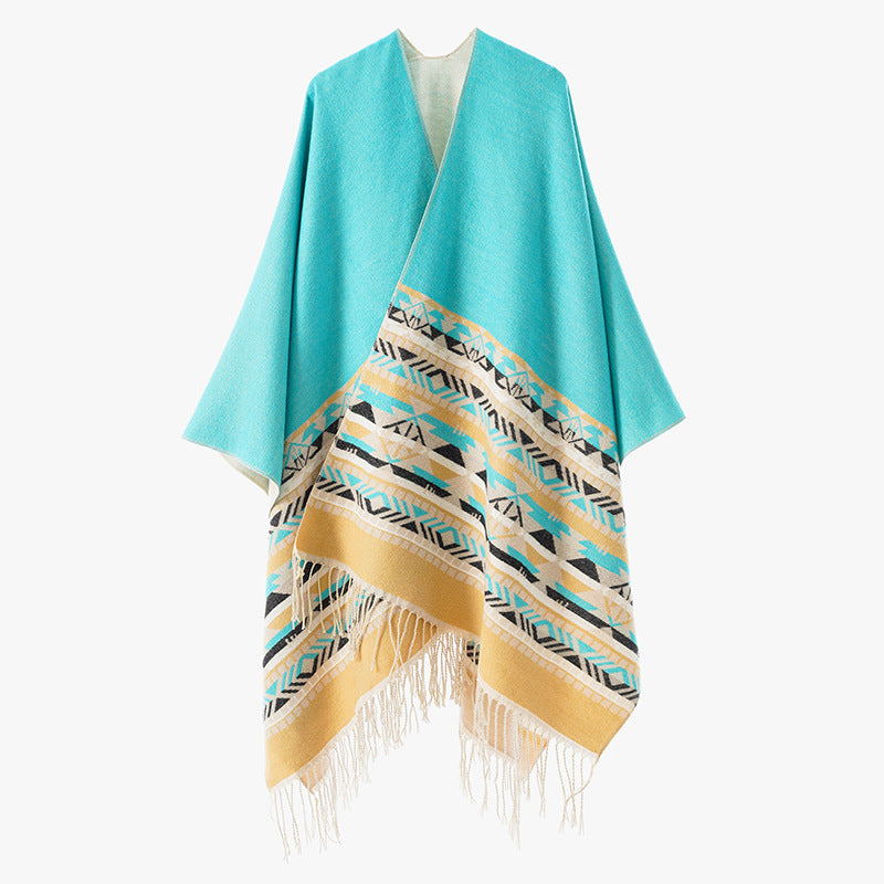 Dam V-krage Wrap poncho i kimono stil med Ethno kant och fransfåll