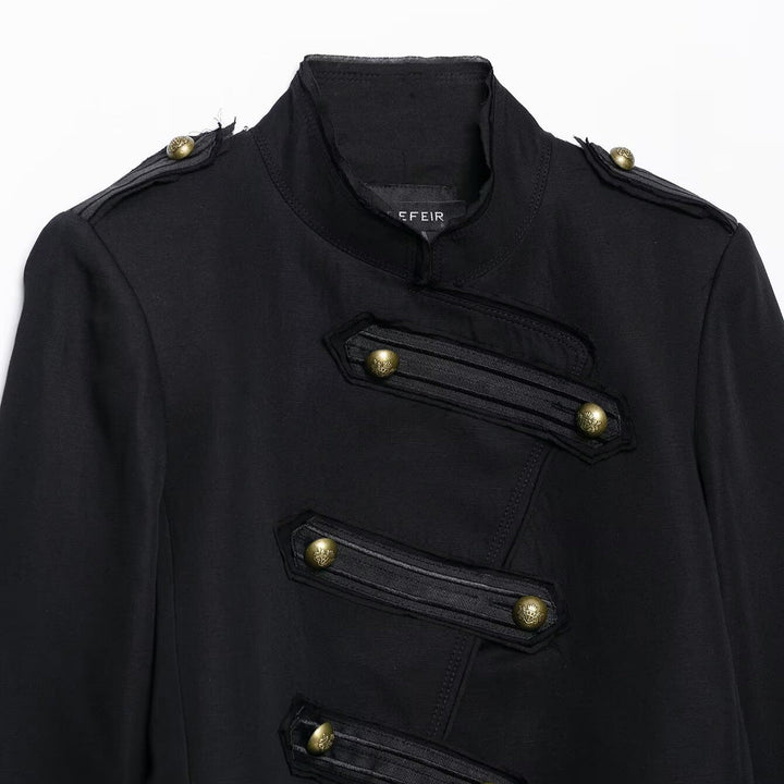 Dam Kort Skärning Military Jacka i Hussar Stil med Stå Krage och Dekorativ Knapp Knäppning
