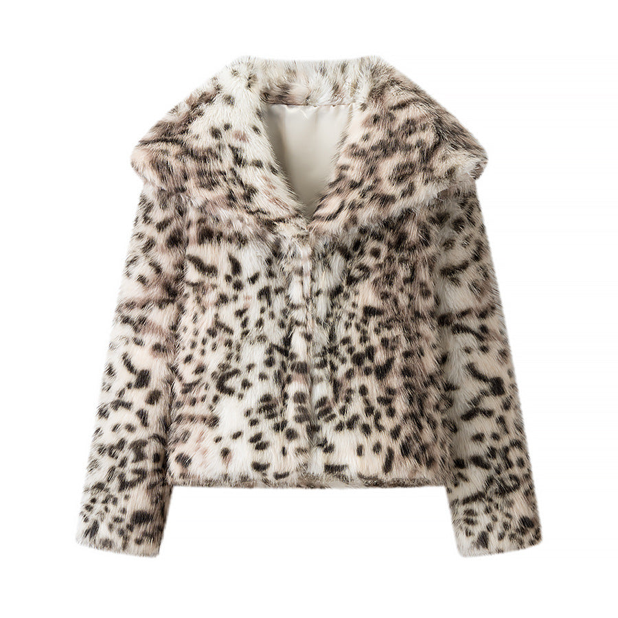 Dam kort skärning Cozy Faux Fur kappa med Leopard tryck och ståkrage