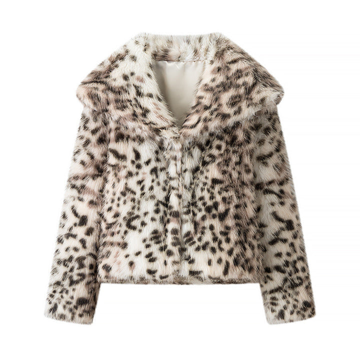 Dam kort skärning Cozy Faux Fur kappa med Leopard tryck och ståkrage