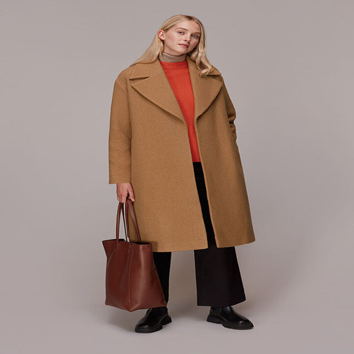 Dam Midi-Length ullblandning lång kappa med Minimal Shawl krage och Relaxed silhuett