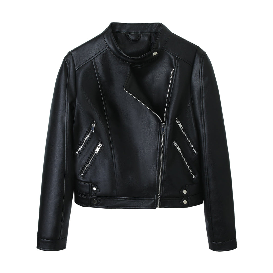 Dam motorcycle bikerjacka gjord konstläder med ståkrage, asymmetric dragkedja, och dekorativ pleats
