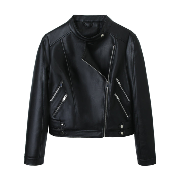 Dam motorcycle bikerjacka gjord konstläder med ståkrage, asymmetric dragkedja, och dekorativ pleats