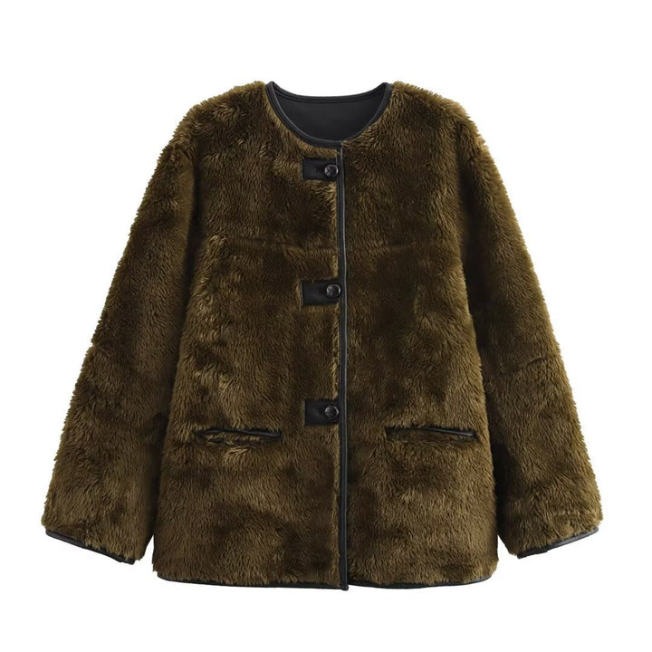 Dam Boxig Teddy Jacka i Faux Shearling med Round Neck, Knapp Stängning och Läder Piping