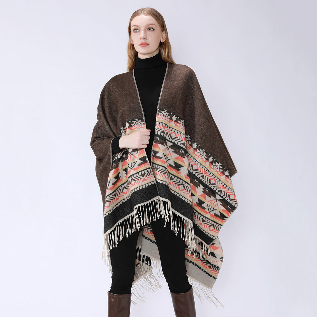 Dam V-krage Wrap poncho i kimono stil med Ethno kant och fransfåll