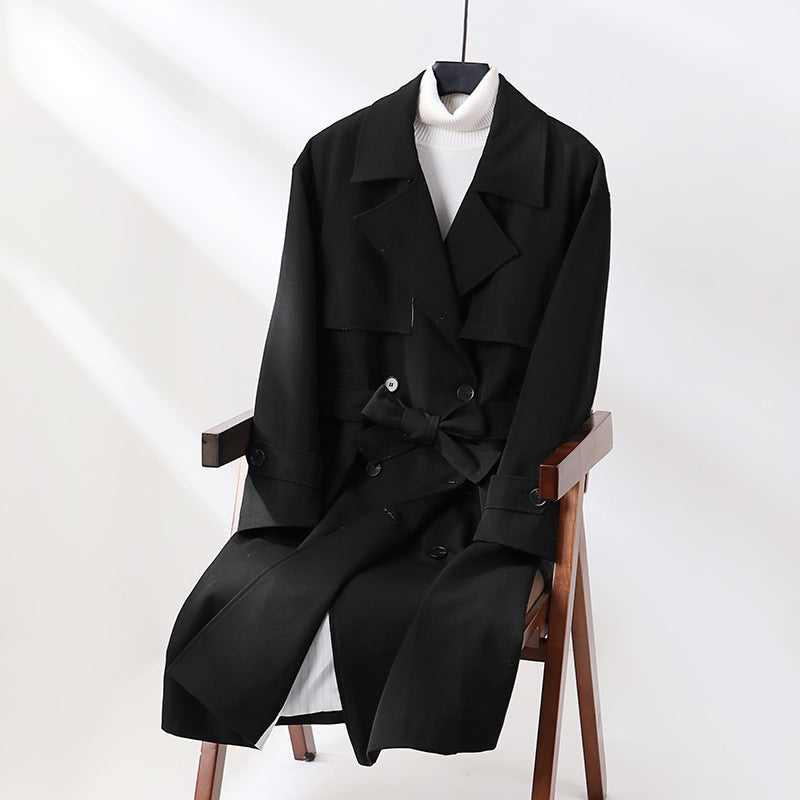 Dam lång skräddad trenchcoat med vid Shawl krage och knytband