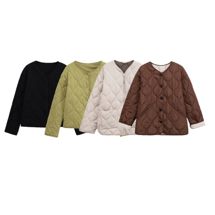 Dam Quiltad Jacka med Round Quilting, Knapplist och V-ringad