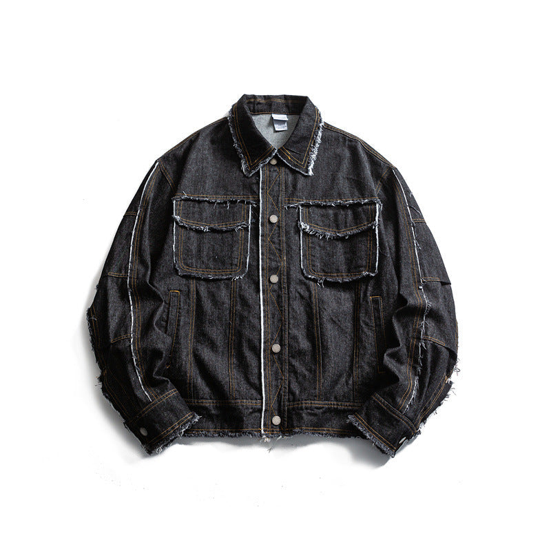 Herr oversize Jeans Jacka med Frayed Edges och Large fickor med lock