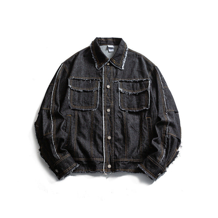 Herr oversize Jeans Jacka med Frayed Edges och Large fickor med lock