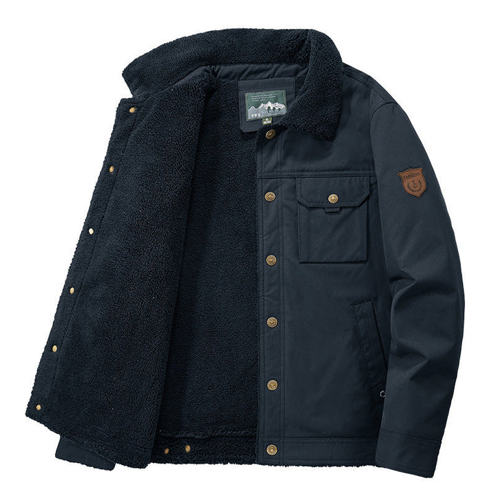Herr Fodrad Canvas Trucker Jacka med Teddy Fleecefoder och Skjorta Krage