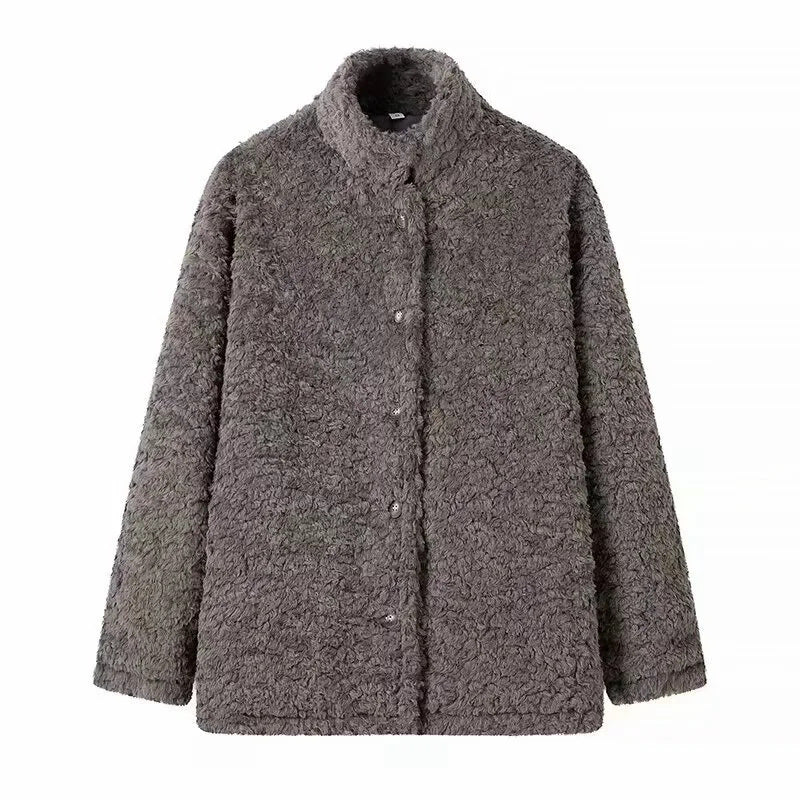 Dam kort teddy jacka med standing krage, snap knäppning och värmande microfleece quality