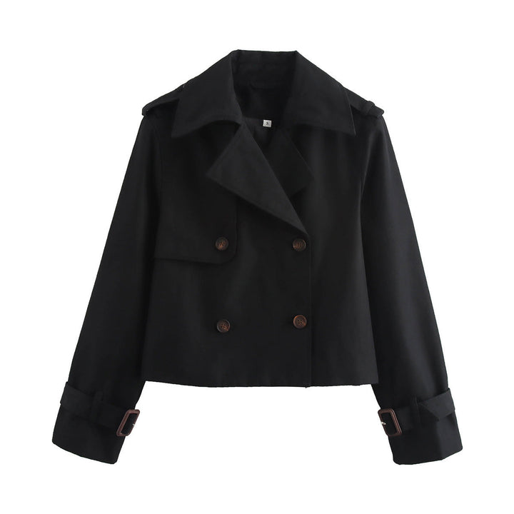 Dam kort skärning double-breasted trenchcoat med axel straps och adjustable cuffs