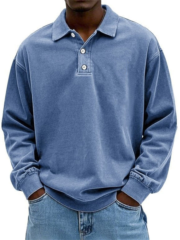 Herr Oversized Denim Look Polo College-Tröja med Kort Knapplist och Elastiska Muddar EB