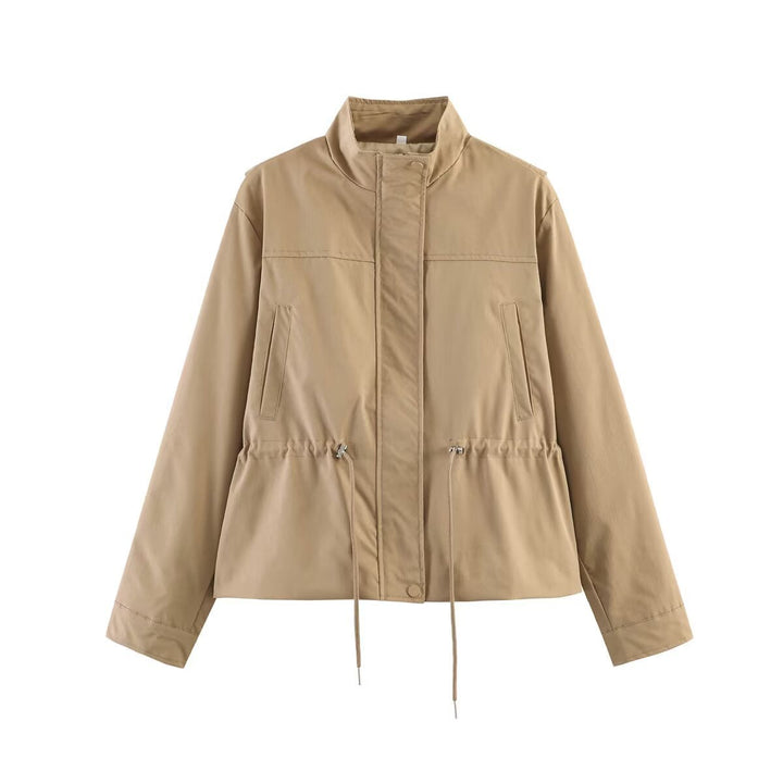 Dam Kort Övergångsjacka med Drawstring Waist och Stå Krage