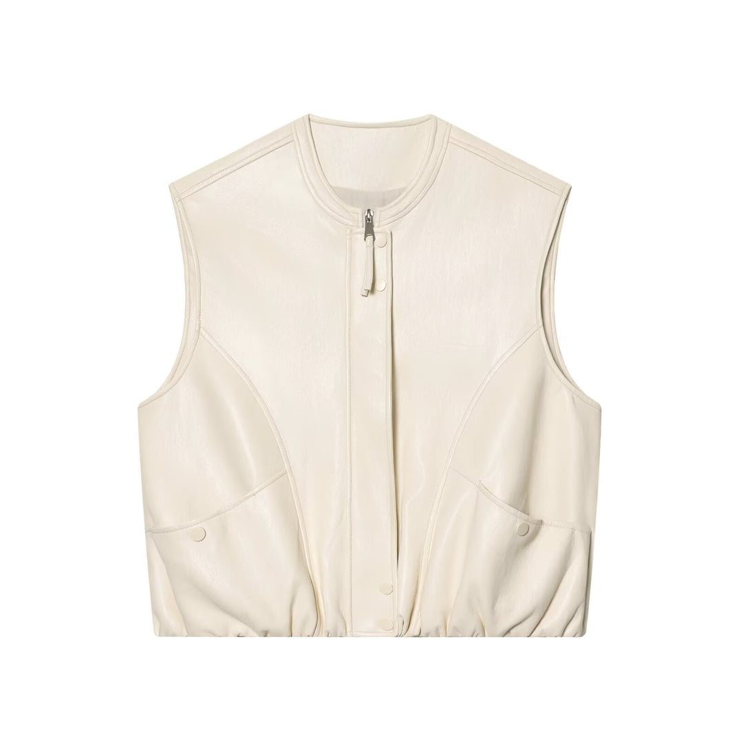 Dam Sleeveless Läder-Look Väst med Stå Krage, Two-Way Dragkedja och Lock Fickor