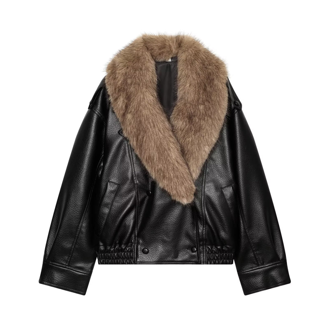 Dam kort skärning Biker läder jacka med Voluminous Faux Fur Shawl krage