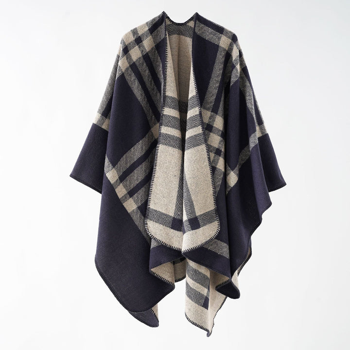 Dam Reversible ullblandning poncho med Geometric Check mönster och Decorative Stitching