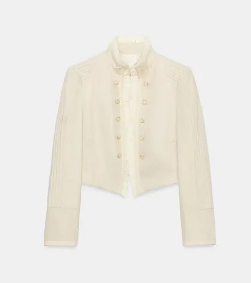 Dam Kort Military Blazer med Stå Krage, Dekorativ Knapp-Free Row och Pleated Ärmar