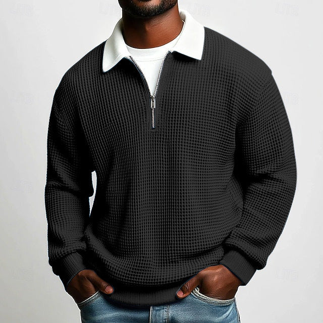 Herr Strukturerad Waffle Stickad Pullover med Polo Krage och Kort Dragkedja