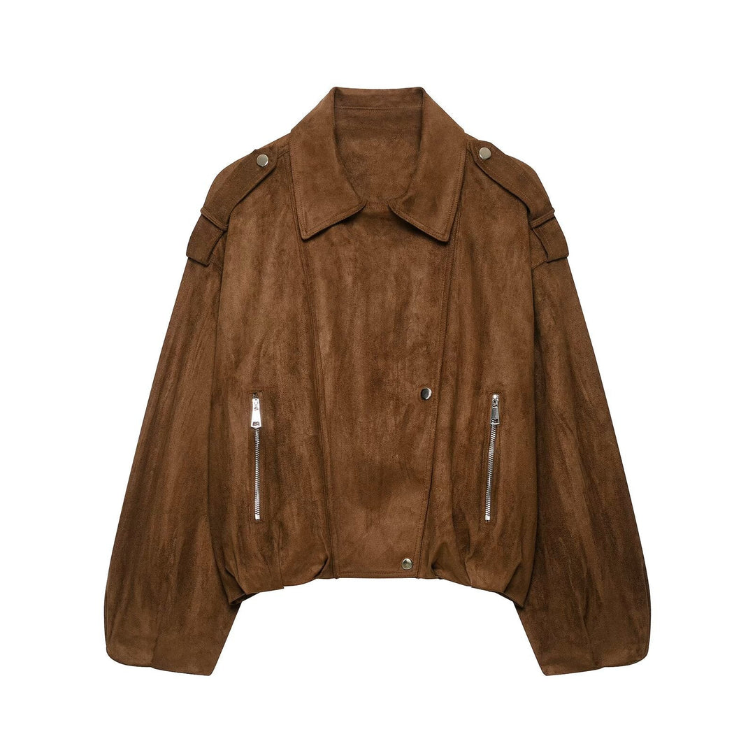 Dam Kort Skärning Suede Bikerjacka med Shoulder Flaps