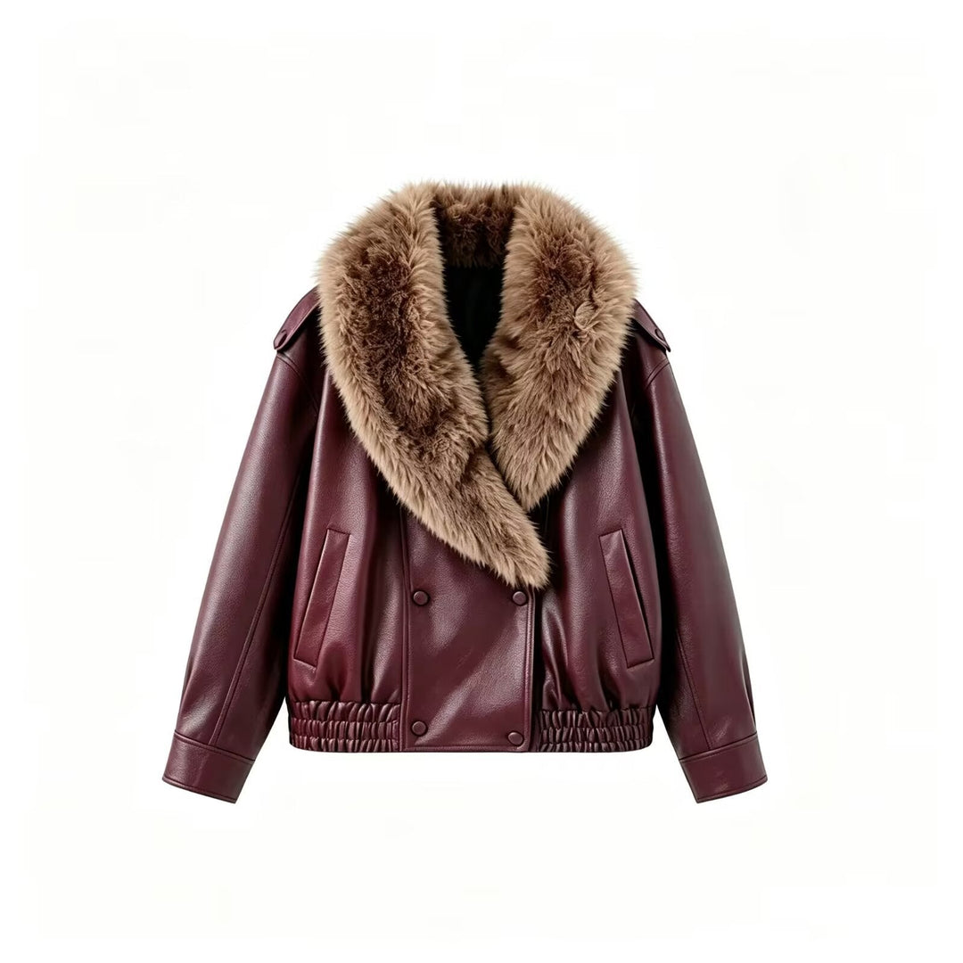 Dam Kort Skärning Double-Breasted Faux Läder Blouson med Elastic Nederkant