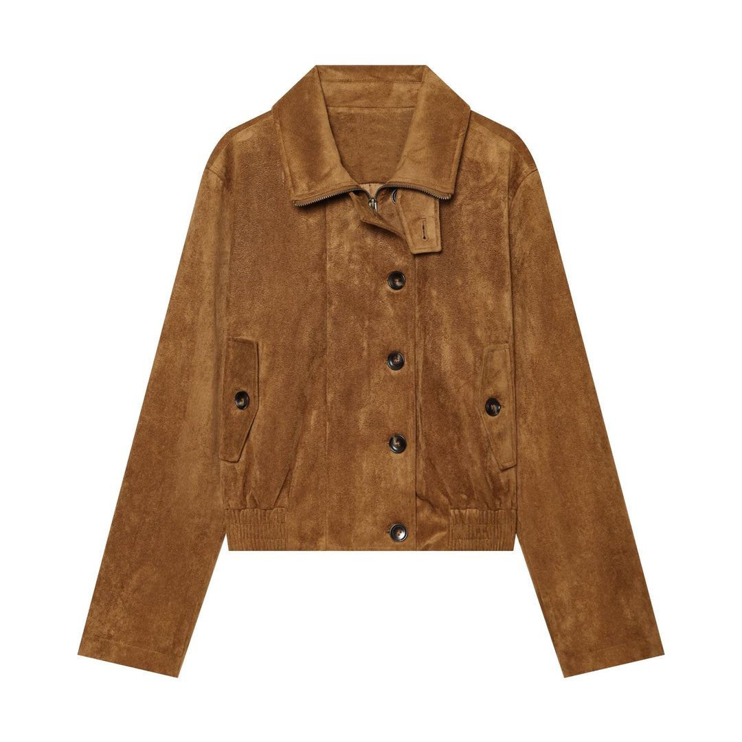 Dam Kort Jacka Tillverkad av Suede Läder med Blouson Silhuett, Stå Krage, och Knapp Knäppning