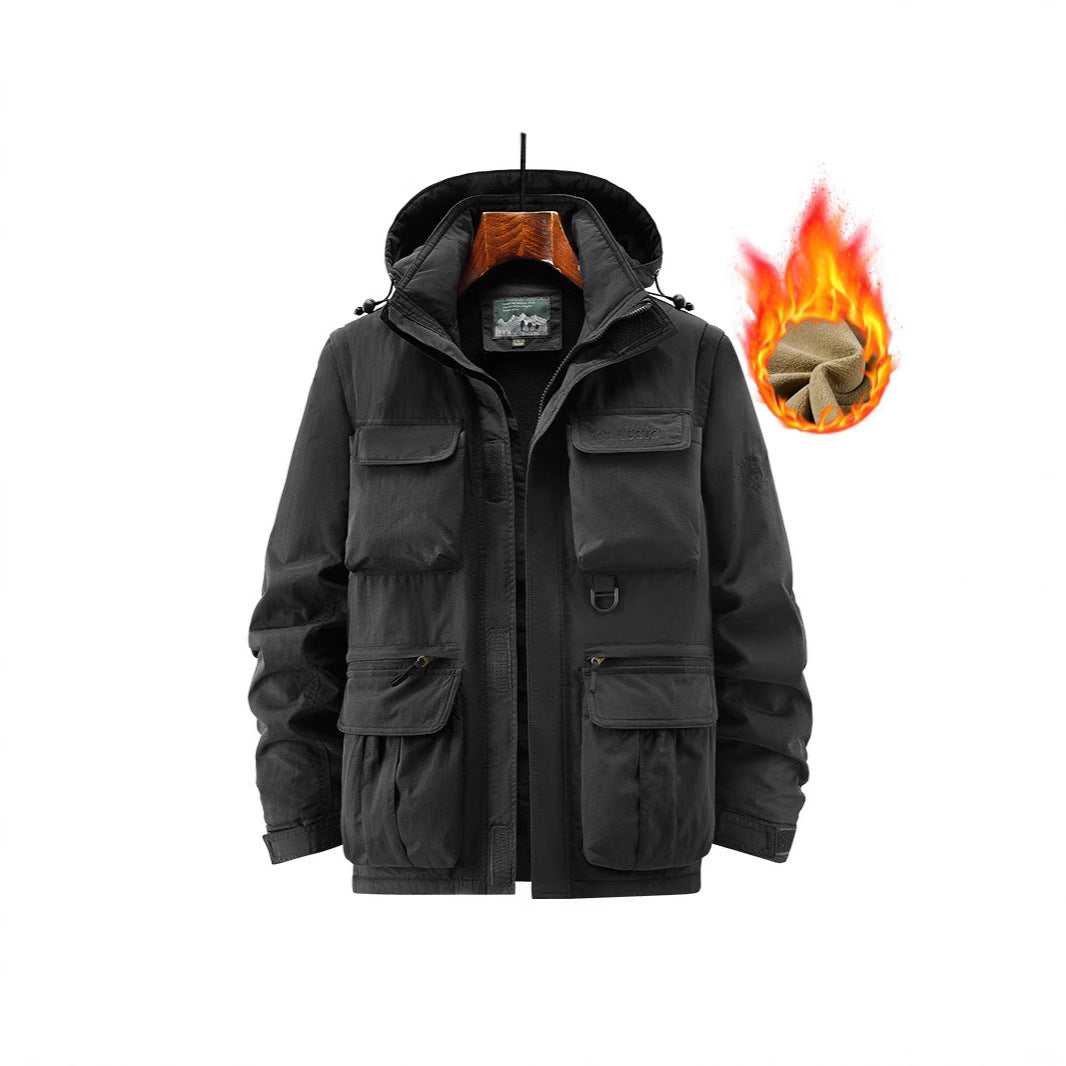 Herr Utility Parka med Warming Fleecefoder, Multifunction Fickor, och Justerbar Huva