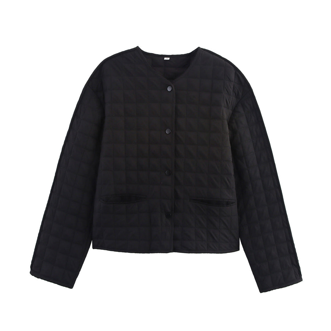 Dam Quiltad Jacka med Round Neckline, Lätt Padding och Piped Fickor