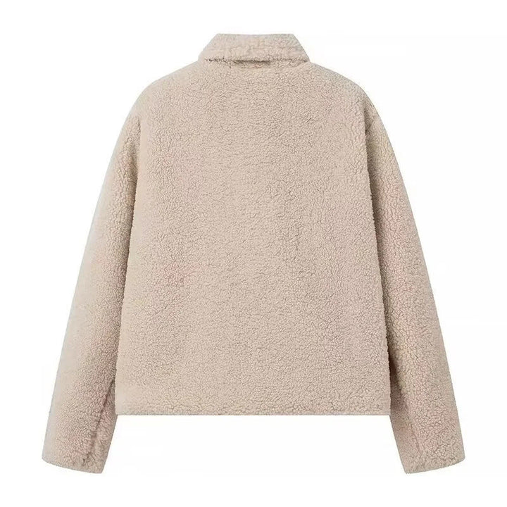 Dam kort-skärning faux fur teddy jacka med bred lapel krage, vadderad foder, och sidofickor