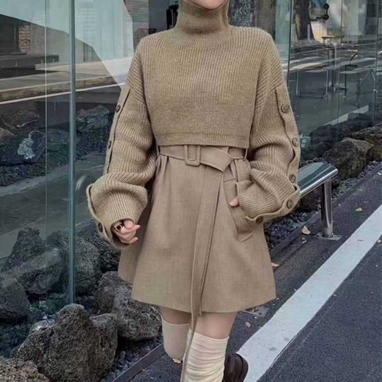 Dam kort-skärning Turtleneck Bolero Wrap med lång ärm knappar