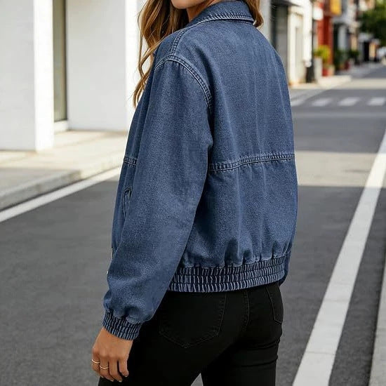 Dam lätt kort denimjacka med Elastic muddar och Zip
