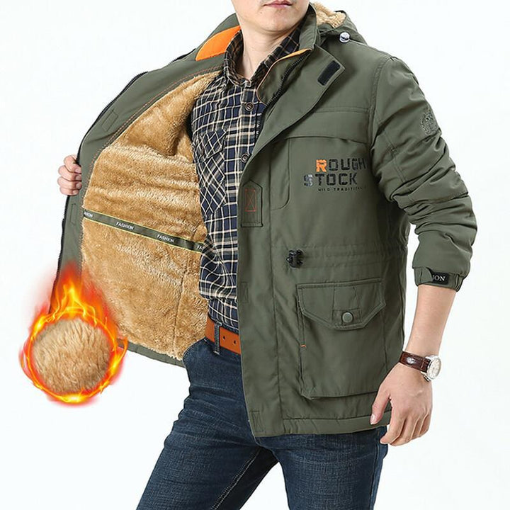 Herr Vindskyddande Fält Parka med Warming Faux Fur Foder, Huva och Multifunctional Fickor