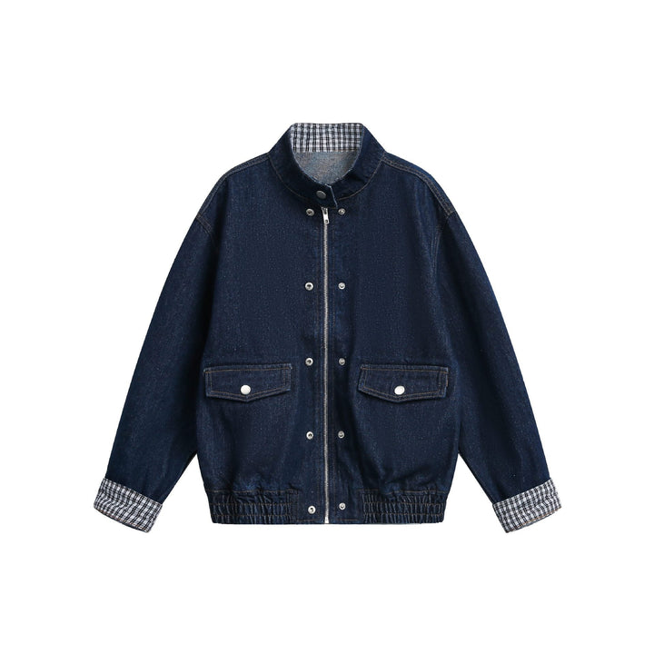 Dam Oversized Denim Jacka med Ståkrage och Check Foder