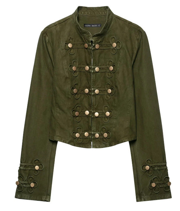 Dam Tailored Kort Military Jacka med Dekorativ Knapp Knäppning och Stå Krage