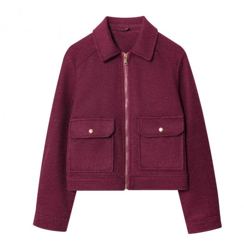 Dam kort jacka in velour look med flap utanpåfickor och hellång dragkedja