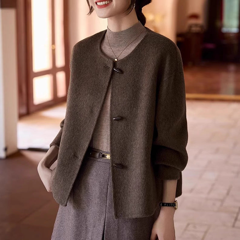 Dam kort ullblandning jacka med round neckline, balloon ärmar, och toggle knappar