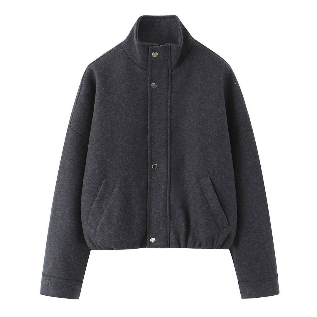 Dam kort skuren ull blouson jacka med ståkrage, snap knappslå, och elastic fåll