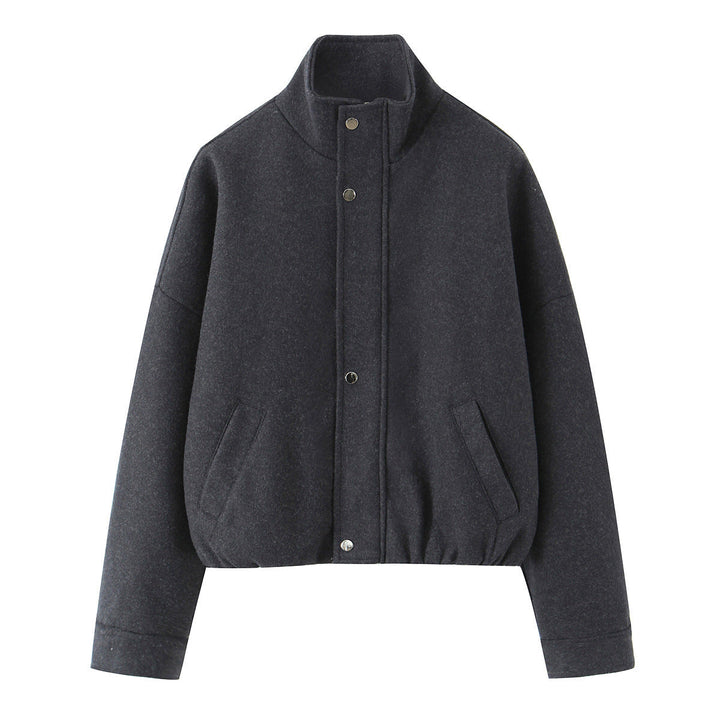 Dam kort skuren ull blouson jacka med ståkrage, snap knappslå, och elastic fåll