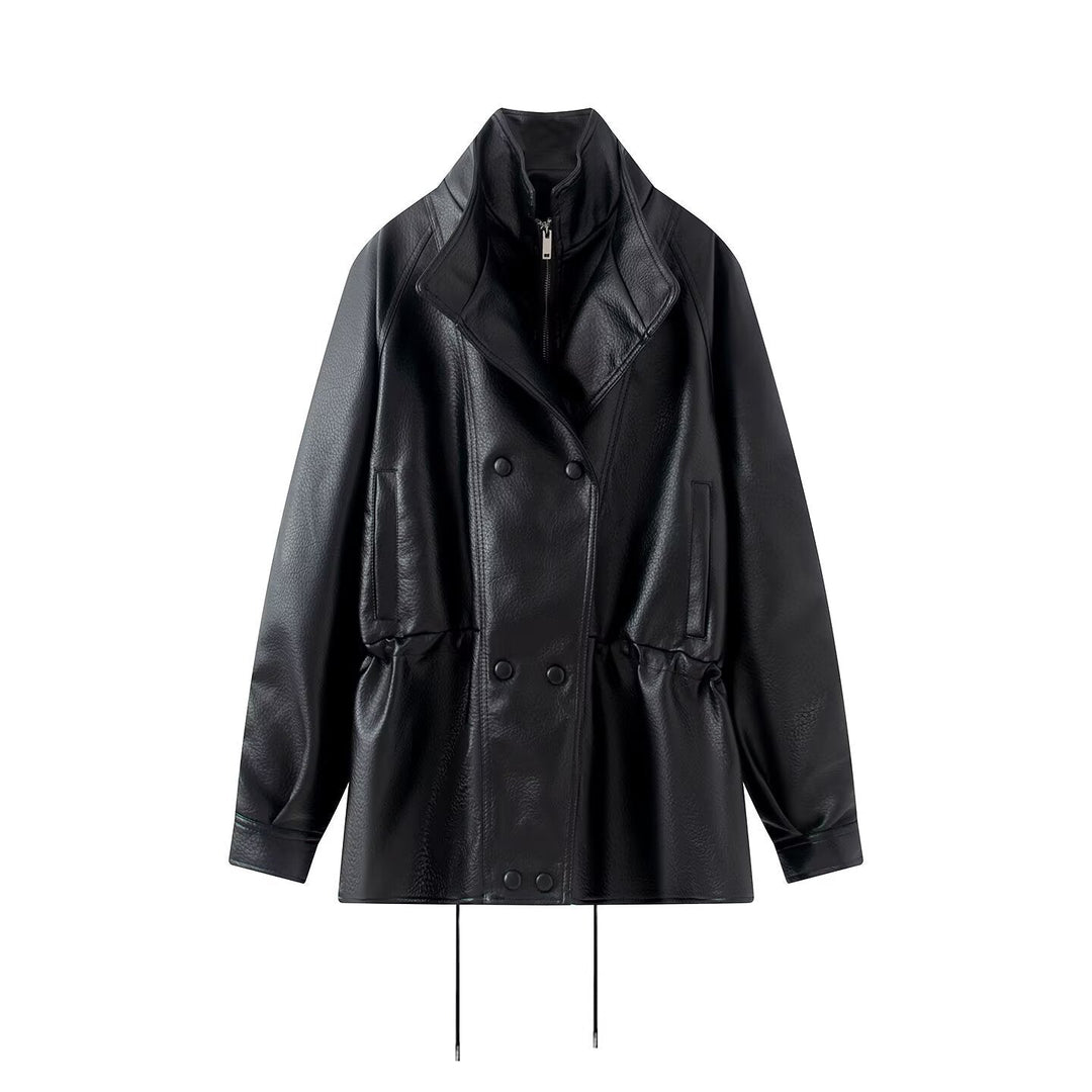 Dam Double-Breasted Jacka i Konstläder med Stå Krage, Wide Lapel och Drawstring