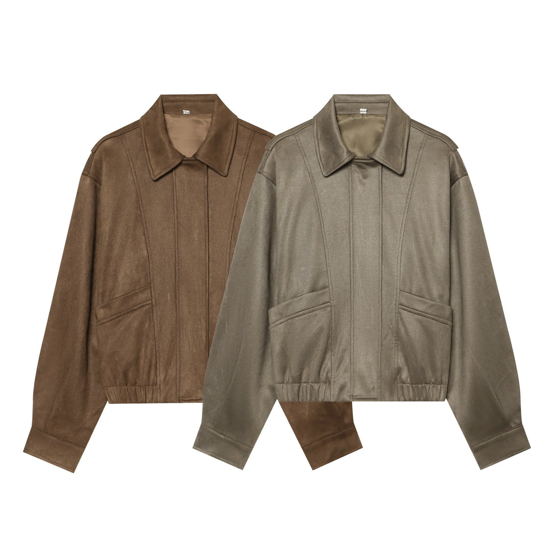 Dam Kort Blouson Jacka i Velour Look med Skjort Krage, Patch Fickor och Waist-Cinching Elastic