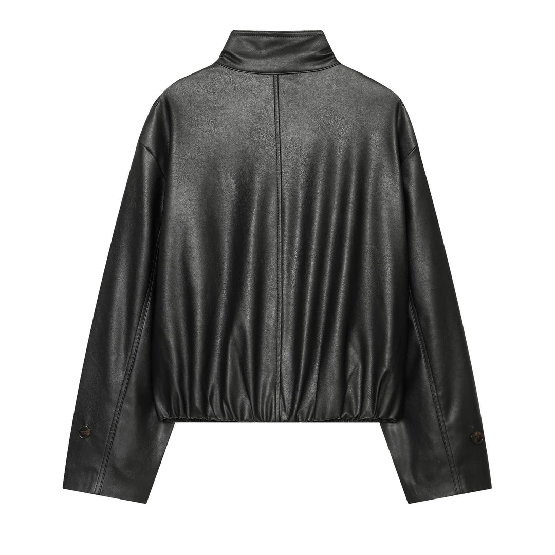 Dam Kort Faux Läder Blouson Jacka med Funnel Neck, Epaulettes och Elastic Nederkant