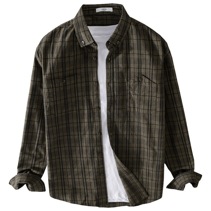 Herr Rutig Flanell Overshirt med Knapp-Dun Krage och Utanpå Bröstfickor