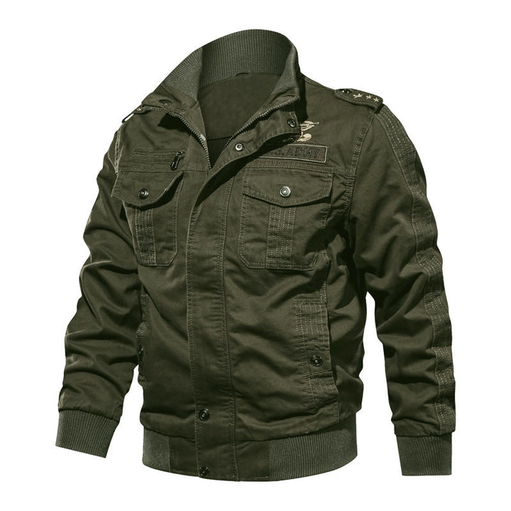 Herr Short Blouson Canvas Fältjacka med Axel Epaulettes, Bröst Lock Fickor, och Ribbad Fåll