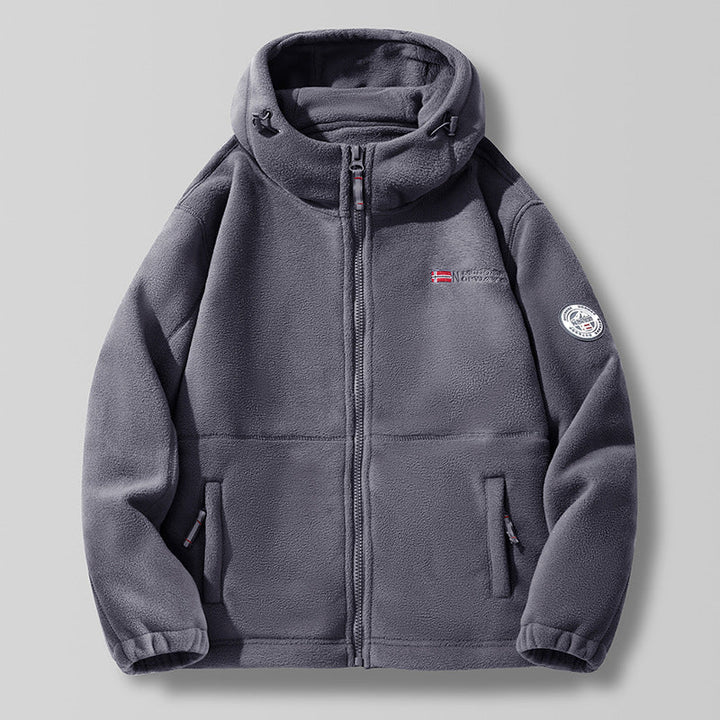 Unisex Hooded fleecejacka med hög krage, hel dragkedja och sidofickor.