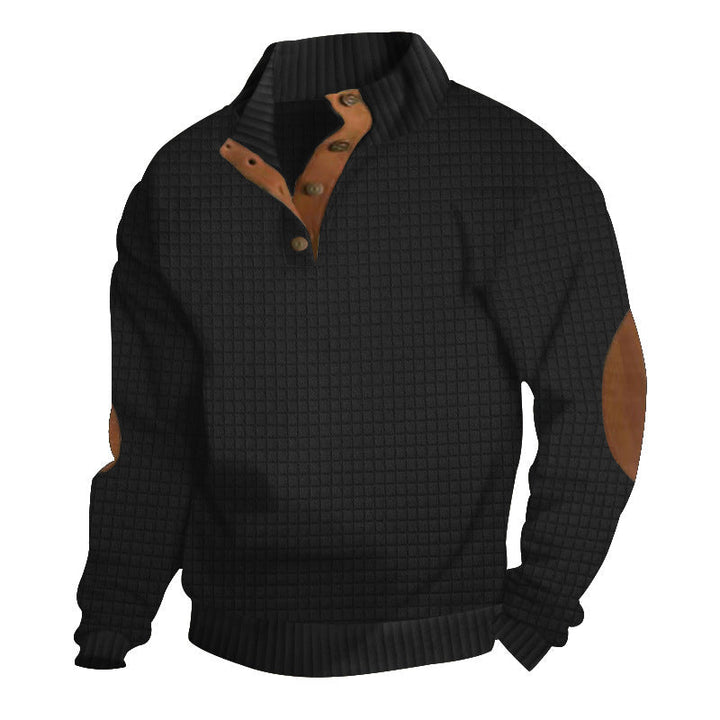 Herr Strukturerad Waffle Stickad Henley Tröja med Läder Kant &amp; Elbow Lappar