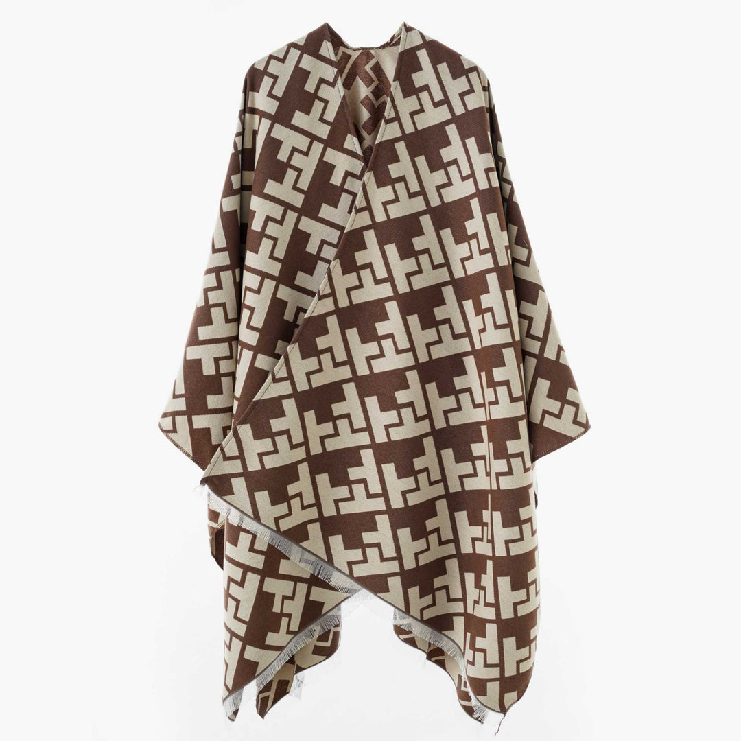 Dam Oversize Jacquard capeponcho tillverkad av ullblandning med geometric mönster och fringes