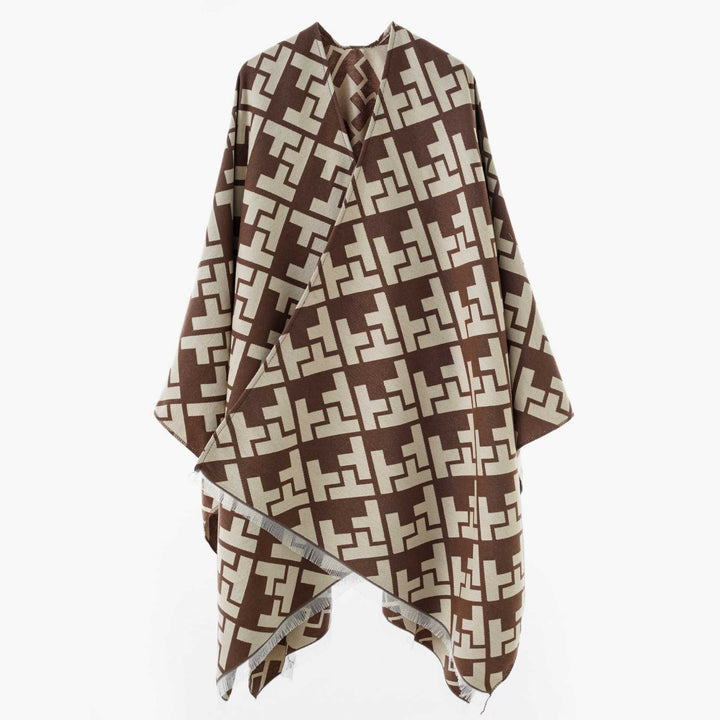 Dam Oversize Jacquard capeponcho tillverkad av ullblandning med geometric mönster och fringes