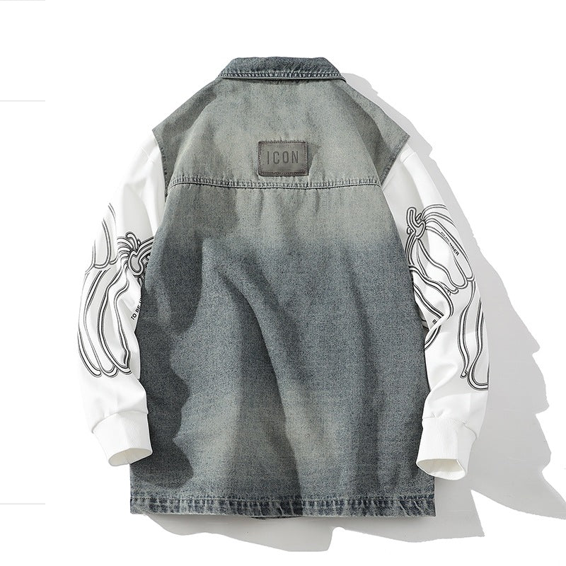 Herr Casual Denim Väst med Integrerad Sweatshirt Ärmar och Stora Lockfickor