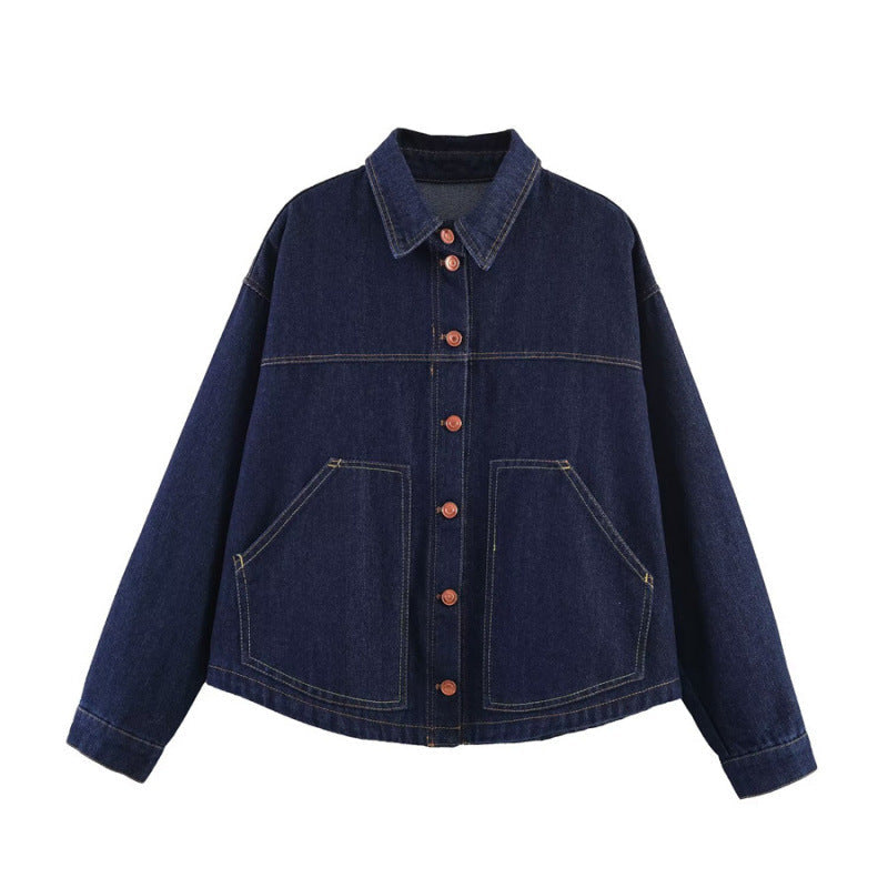 Dam Oversized Denim Jacka med Boxig Kort Skärning, Utanpåfickor och Contrast Stitching
